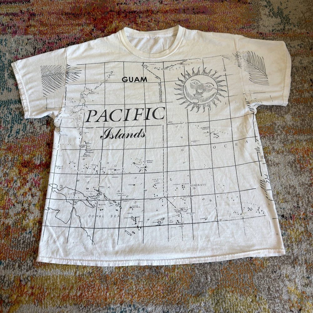 Vintage Y2K All Over Print Pacific Islands Map Guam T-Shirt Sun Graphic White XL